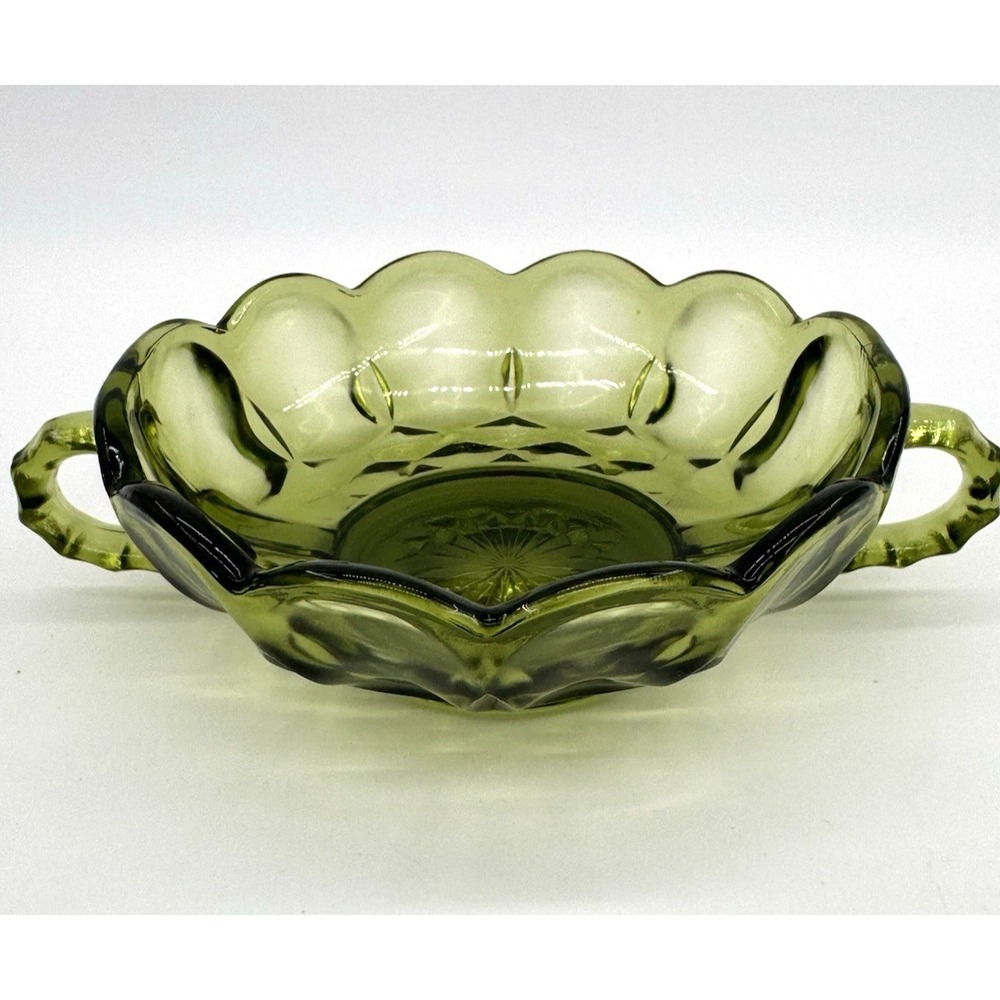 Candy Dish Bowl Anchor Hocking‎ Fairfield Avocado Green Glass 2-handled Vintage